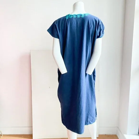 Vintage Navy Blue Cotton Floral Embroidered Tunic Dress L - Picture 7 of 7